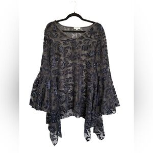 Adore Sheer Lace Boho Top Size L Blue Floral Bell Sleeve Romantic Whimsigoth